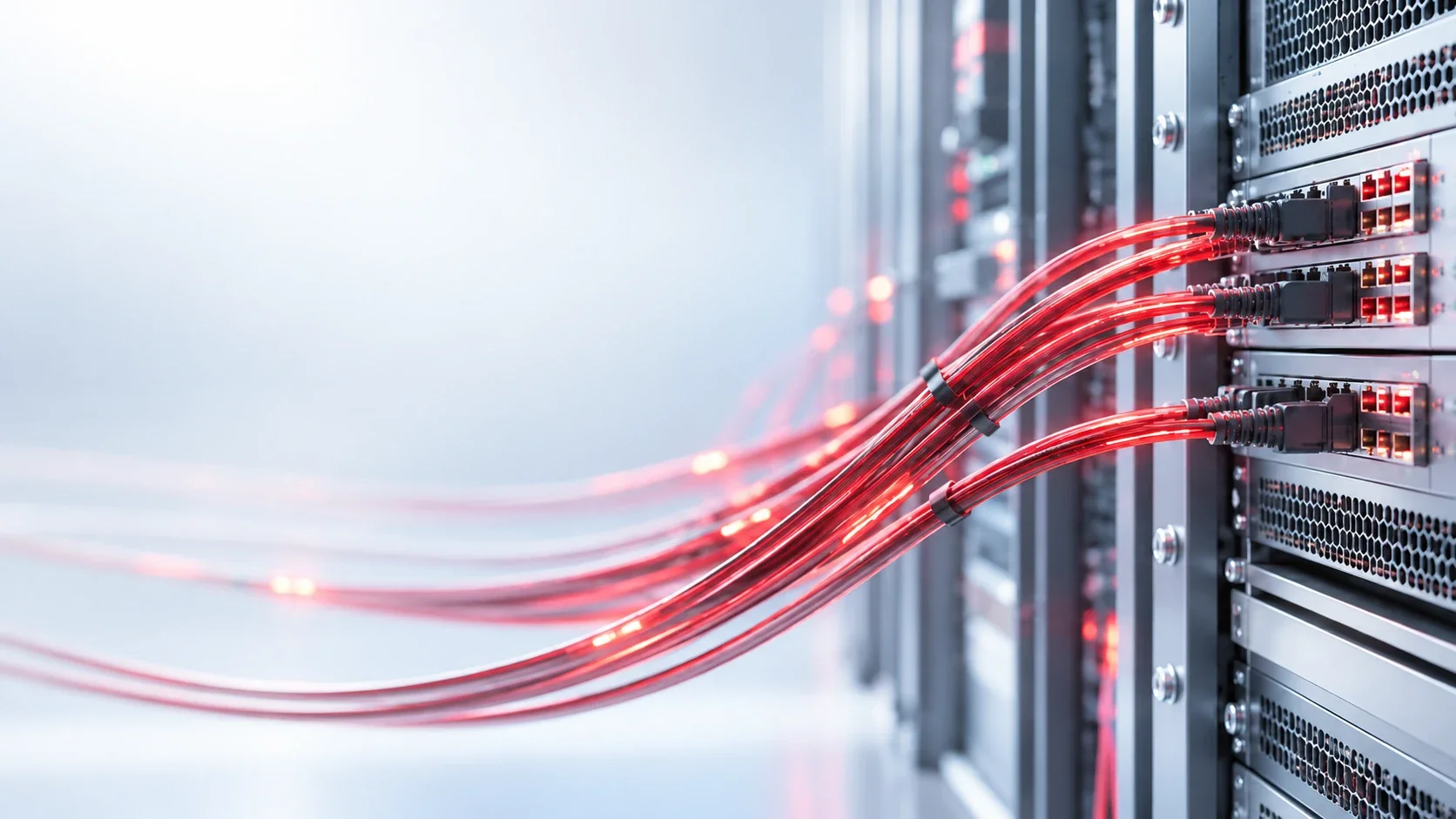 Cables de red rojos y luminosos conectados a un armario de servidores en un centro de datos iluminado