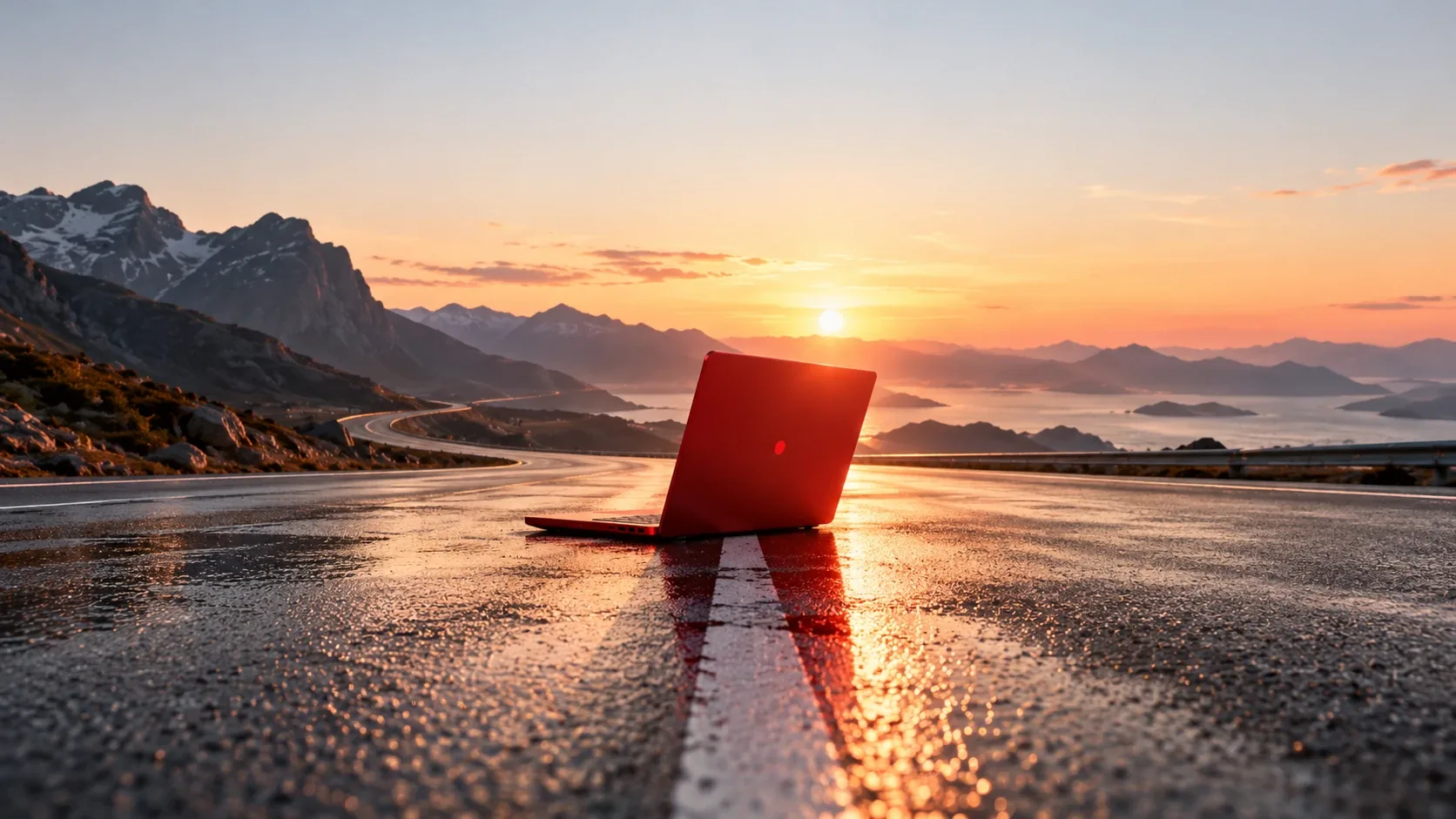 Portátil rojo abierto en una carretera de montaña mojada al atardecer, con el mar e islas al fondo
