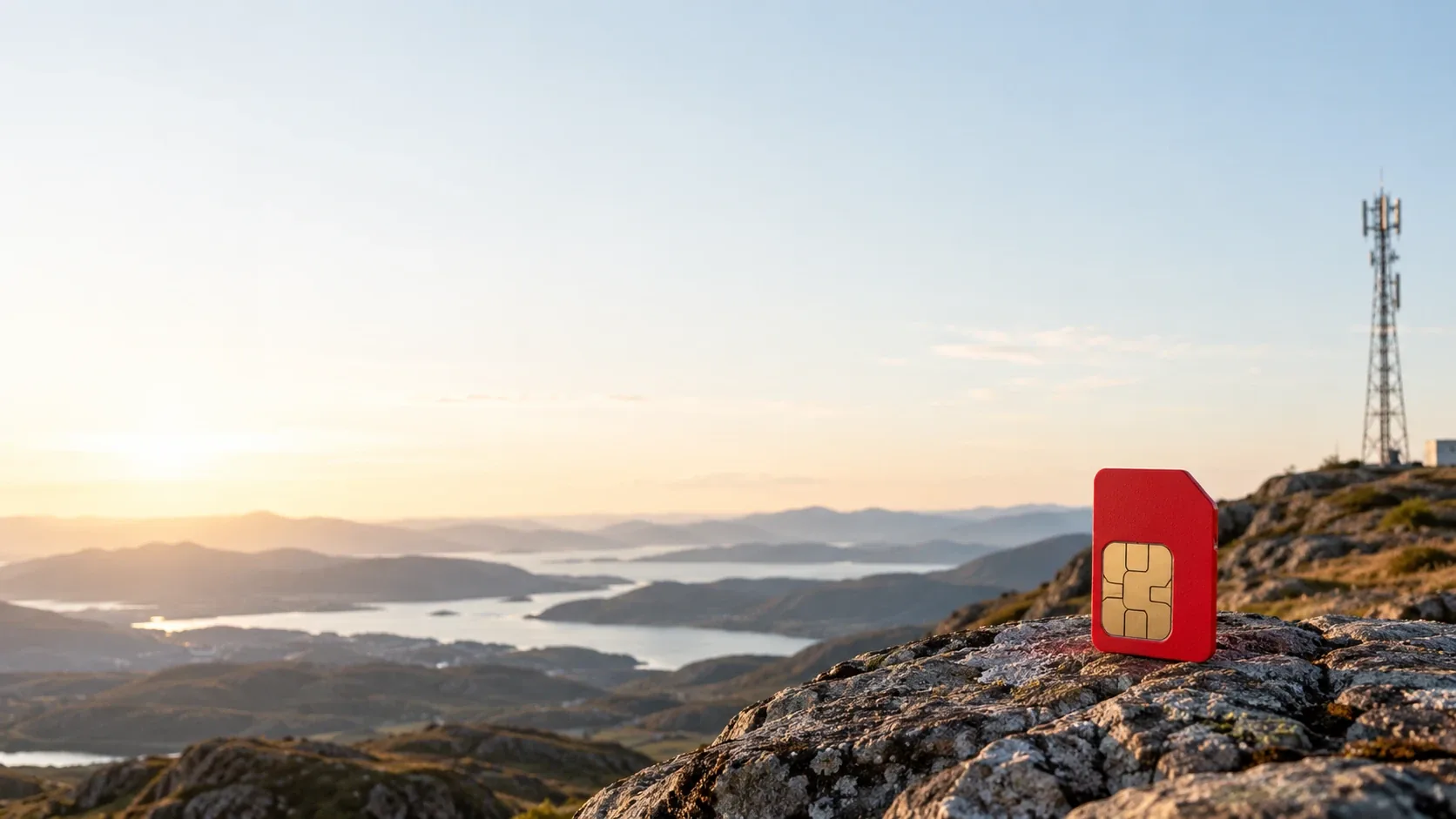 Tarjeta SIM roja sobre una roca en lo alto de un cerro, con lagos, colinas y una torre de telecomunicaciones al borde