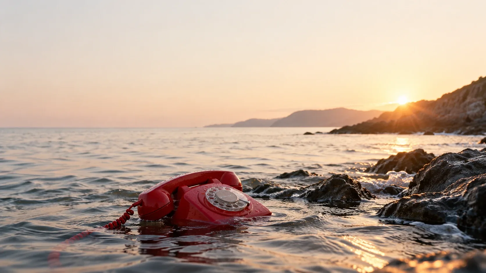 Un teléfono retro rojo en aguas poco profundas al atardecer, con rocas y la costa al fondo
